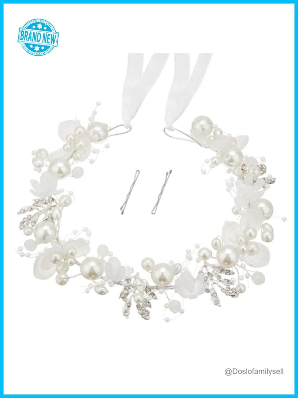 Handmade Pearl Crystal Headpiece Adjustable Ribbon Hair Accessory for Wedding